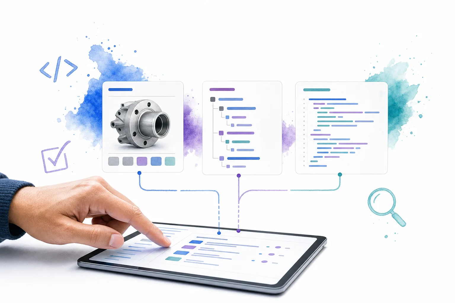 Hand using a tablet to compare structured component reference, API contract, and implementation example