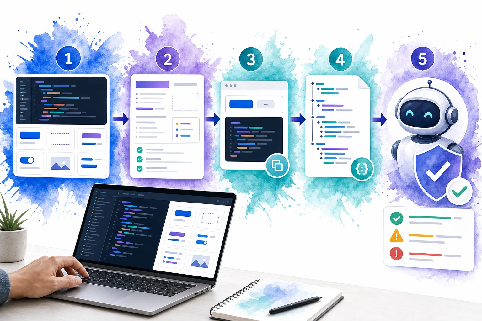 Five-stage visual workflow for turning product documentation into verified AI-ready guidance