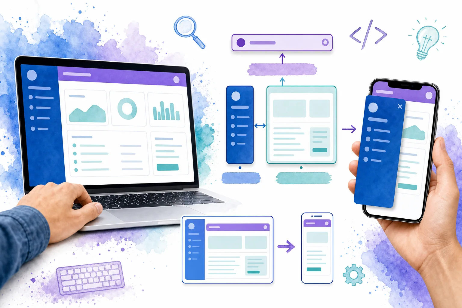 Visual overview of a responsive Vue app layout with sidebar, header, scrollable content, and mobile navigation behavior.