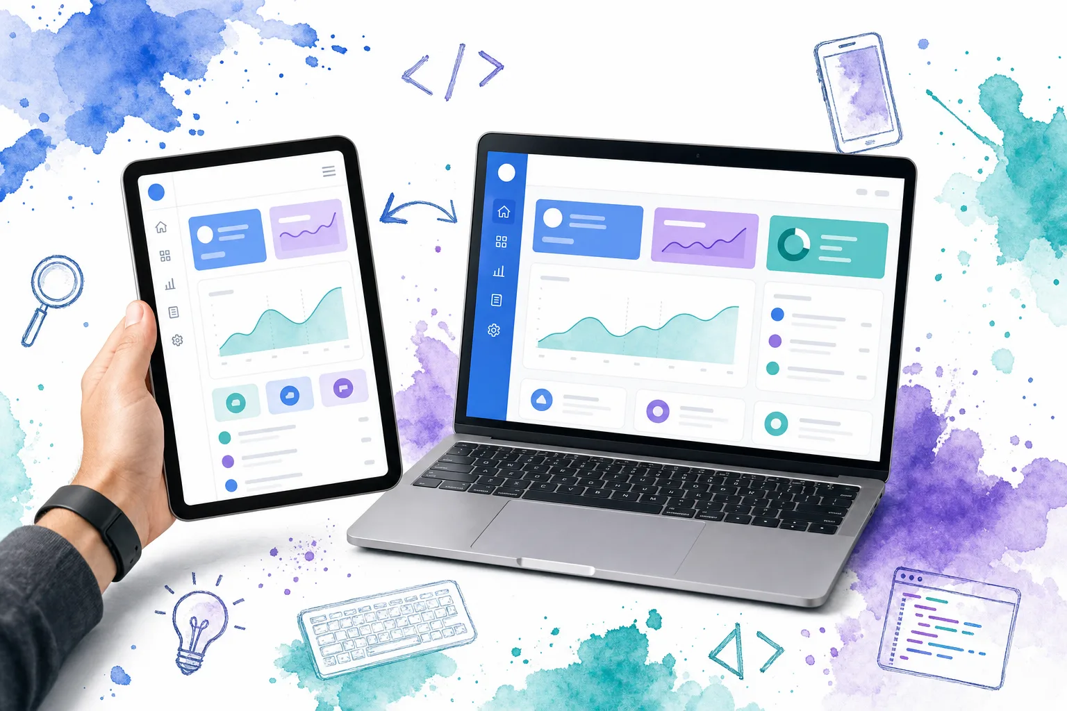 Illustration of a Vue dashboard layout adapting from a desktop sidebar to a mobile drawer on tablet and laptop screens.