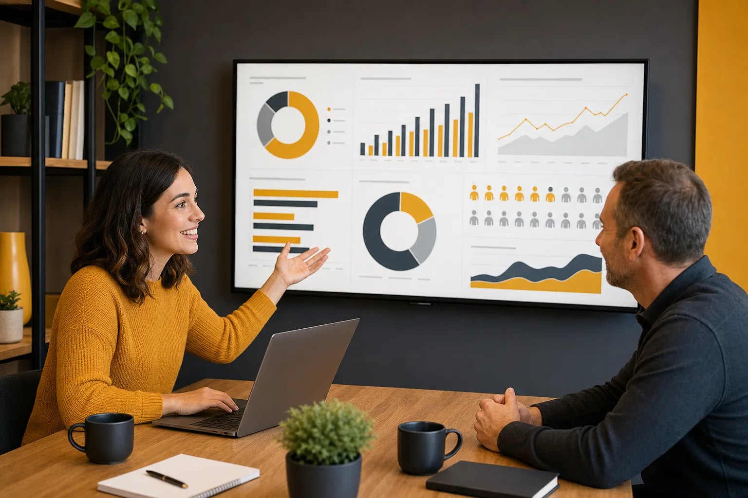 Marketing specialist reviewing SEO and PPC lead performance with a business owner