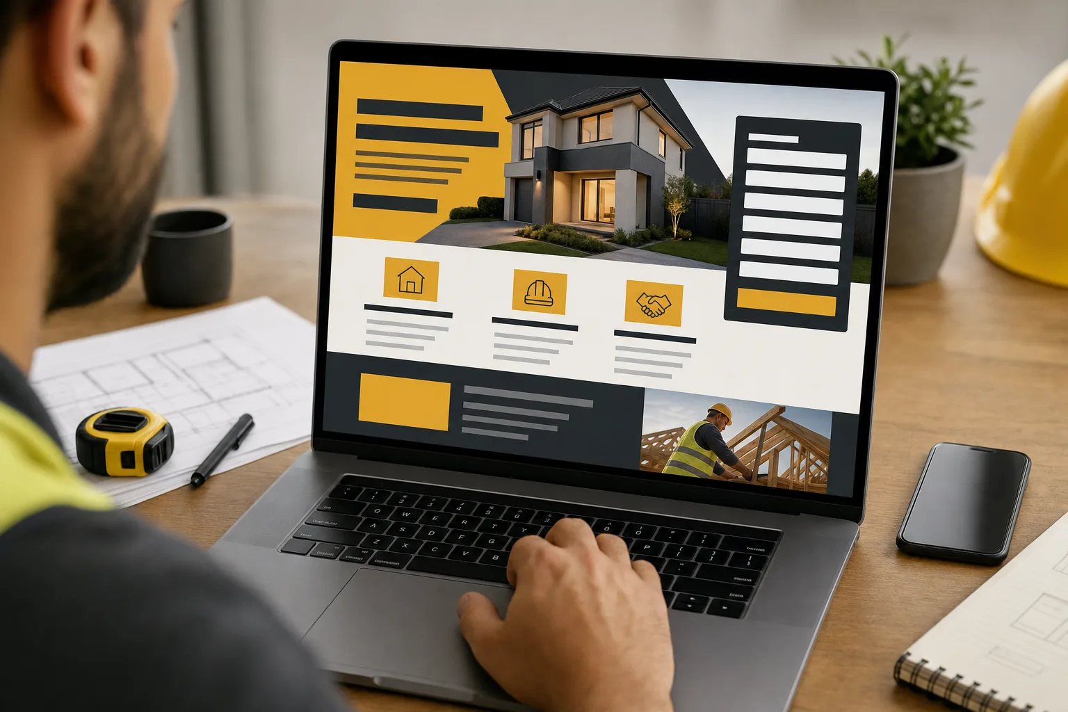 Builder reviewing a conversion-focused construction services landing page on a laptop