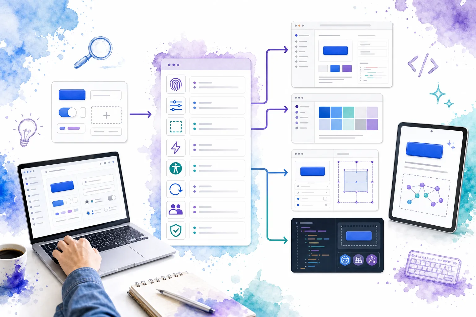 Diagram showing component metadata powering documentation, navigation, visual editing, and AI reference
