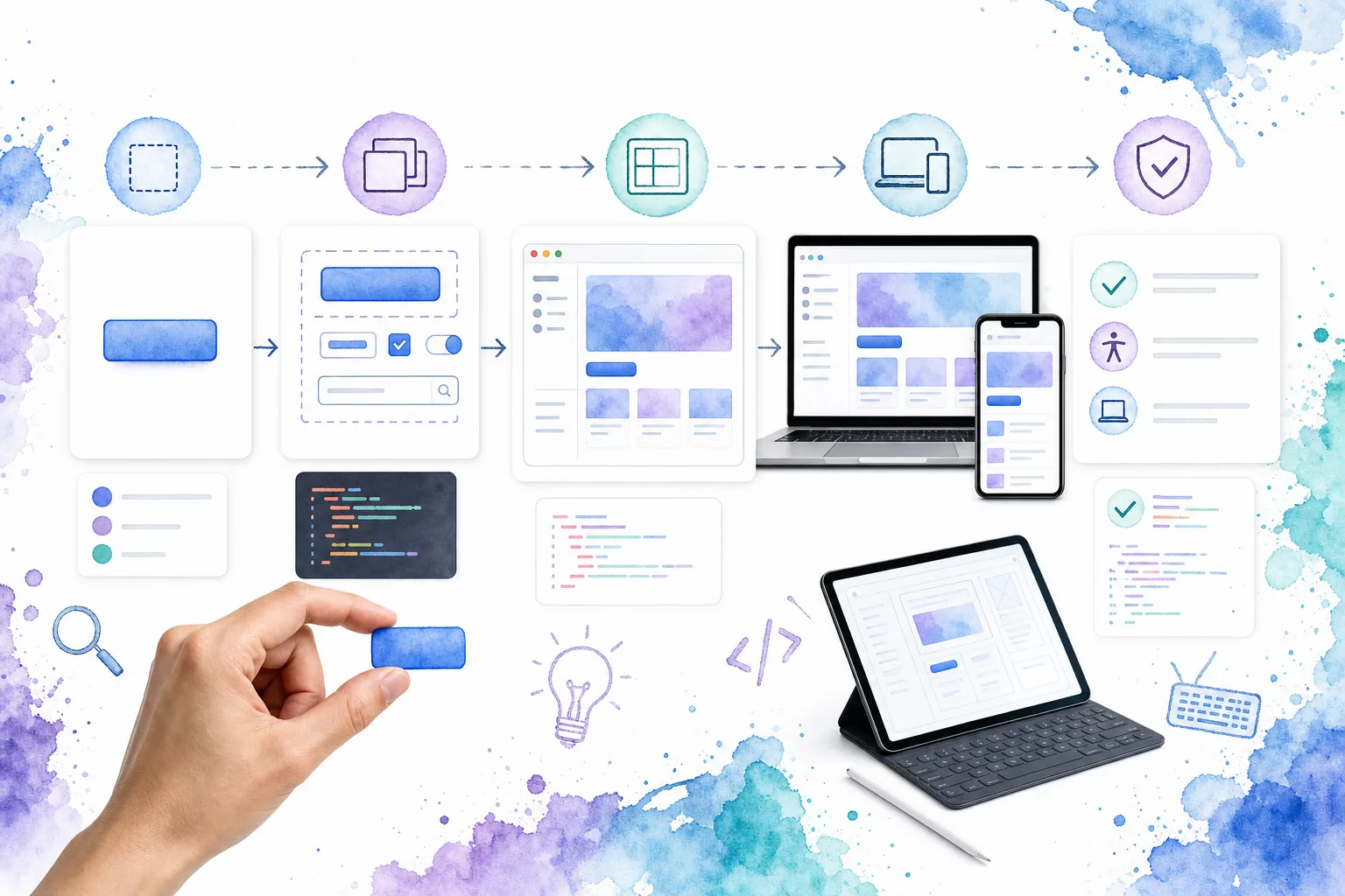 Visual framework showing how UI primitives become reusable application blocks and responsive product screens