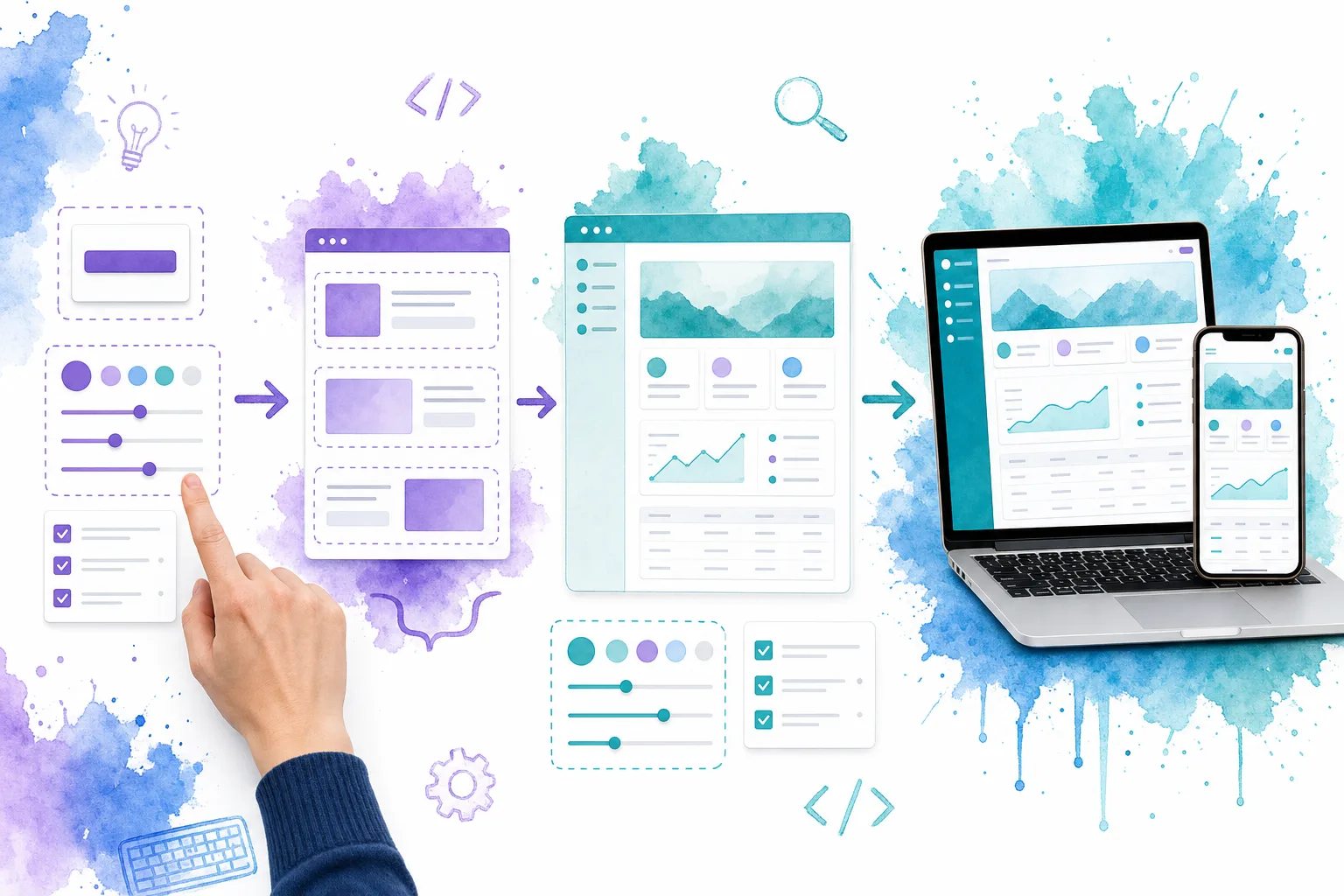 Visual workflow from interface primitive to feature component to complete Vue application shell