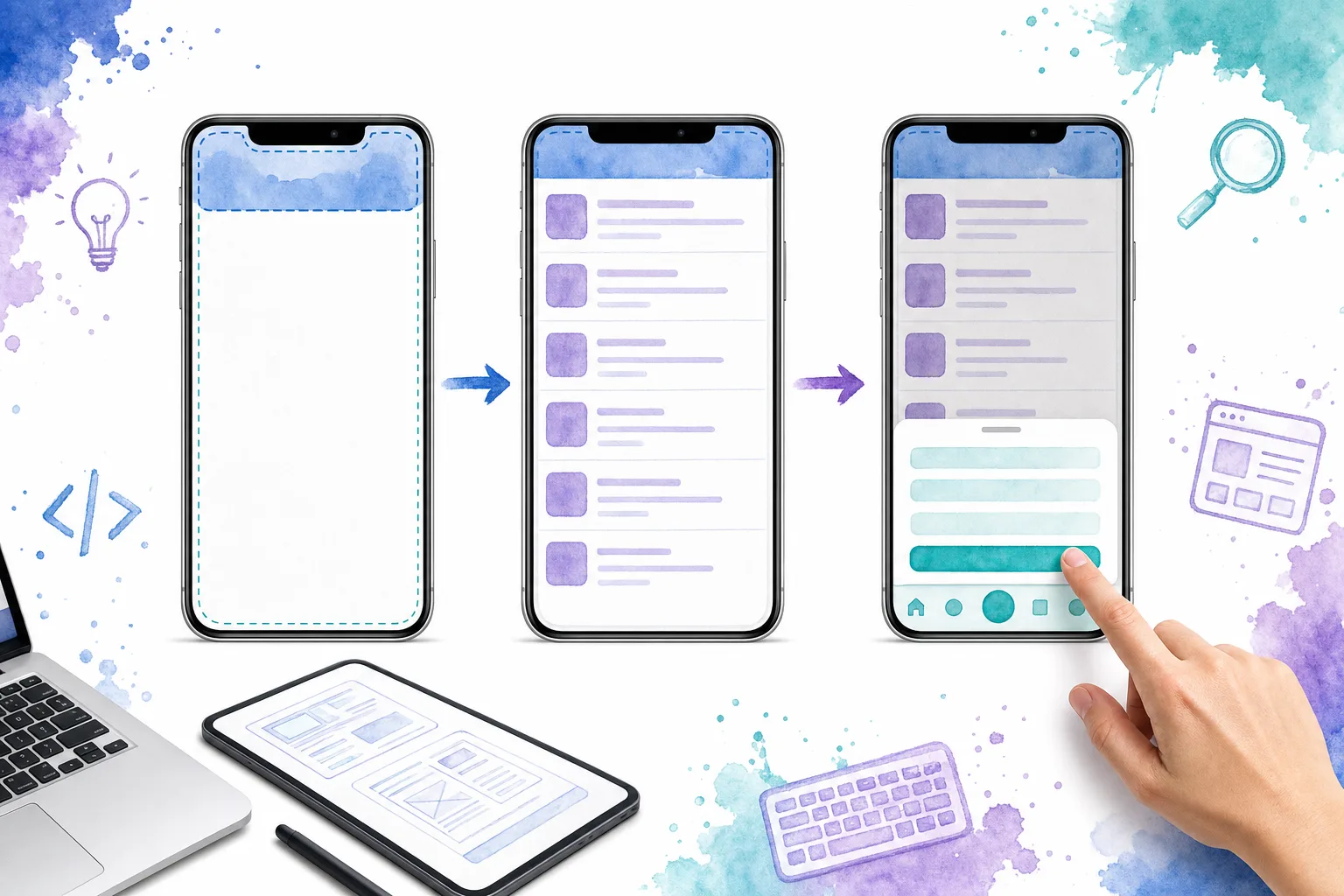 Visual overview of a safe-area top bar, single scrolling content region, bottom navigation, and action sheet in a mobile web app shell