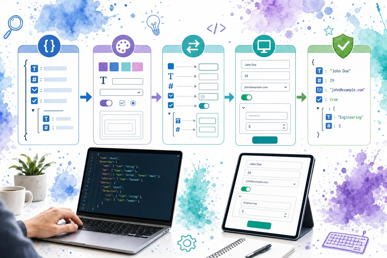 Flow from a form data schema through UI metadata and rendering to validated submitted values