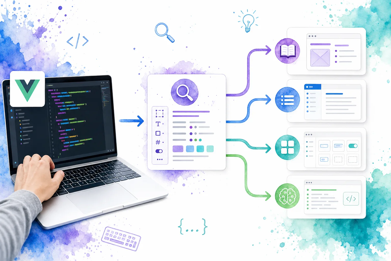 Visual workflow showing a Vue component and metadata feeding generated documentation, navigation, an editor palette, and AI-ready context