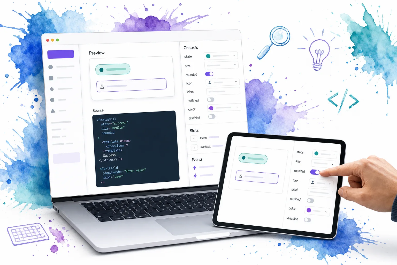 Interactive component documentation interface with prop controls, live preview, source panel, slots, and events