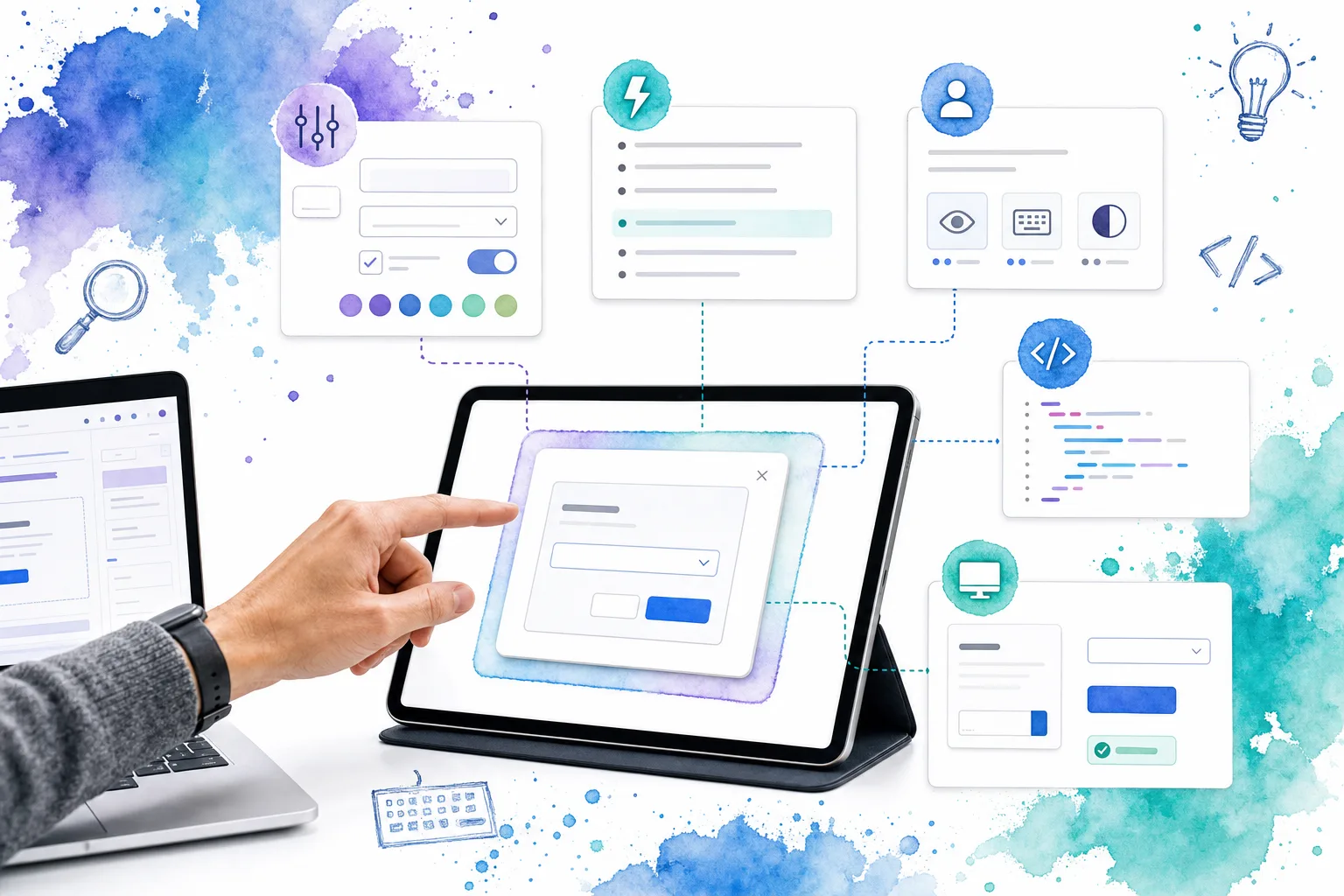 Visual representation of a UI component contract connecting props, events, states, source references, and examples