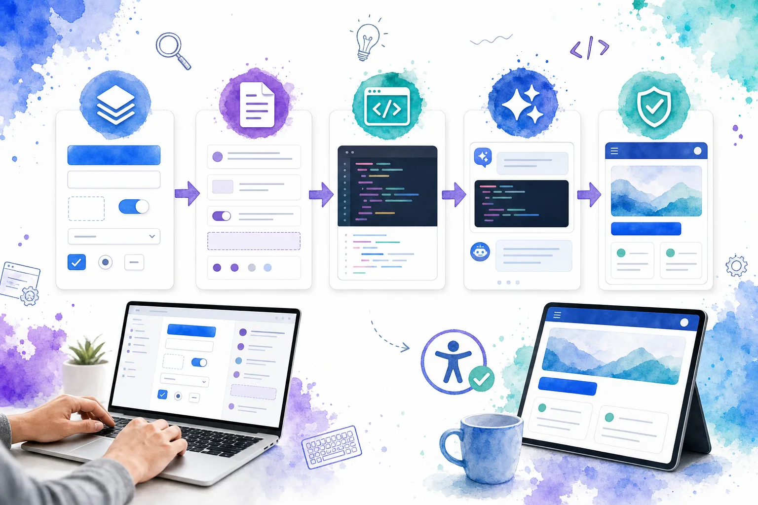 Five-stage flow from component source and metadata to AI-generated UI and validation
