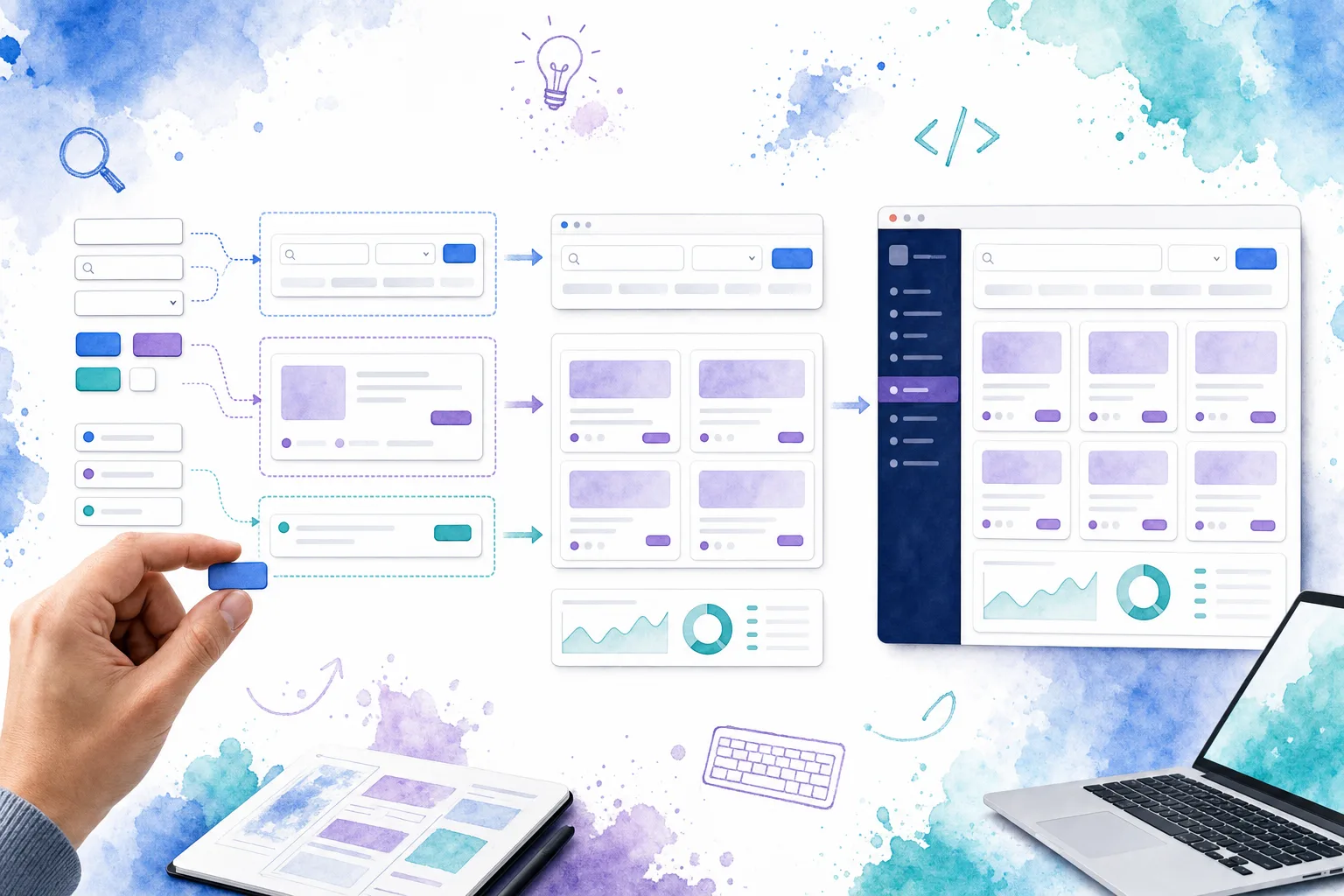 Visual hierarchy from Vue primitives to reusable application blocks and a complete dashboard