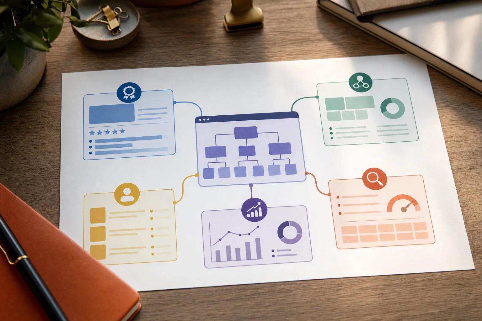 Visual framework showing five connected areas of website content analysis