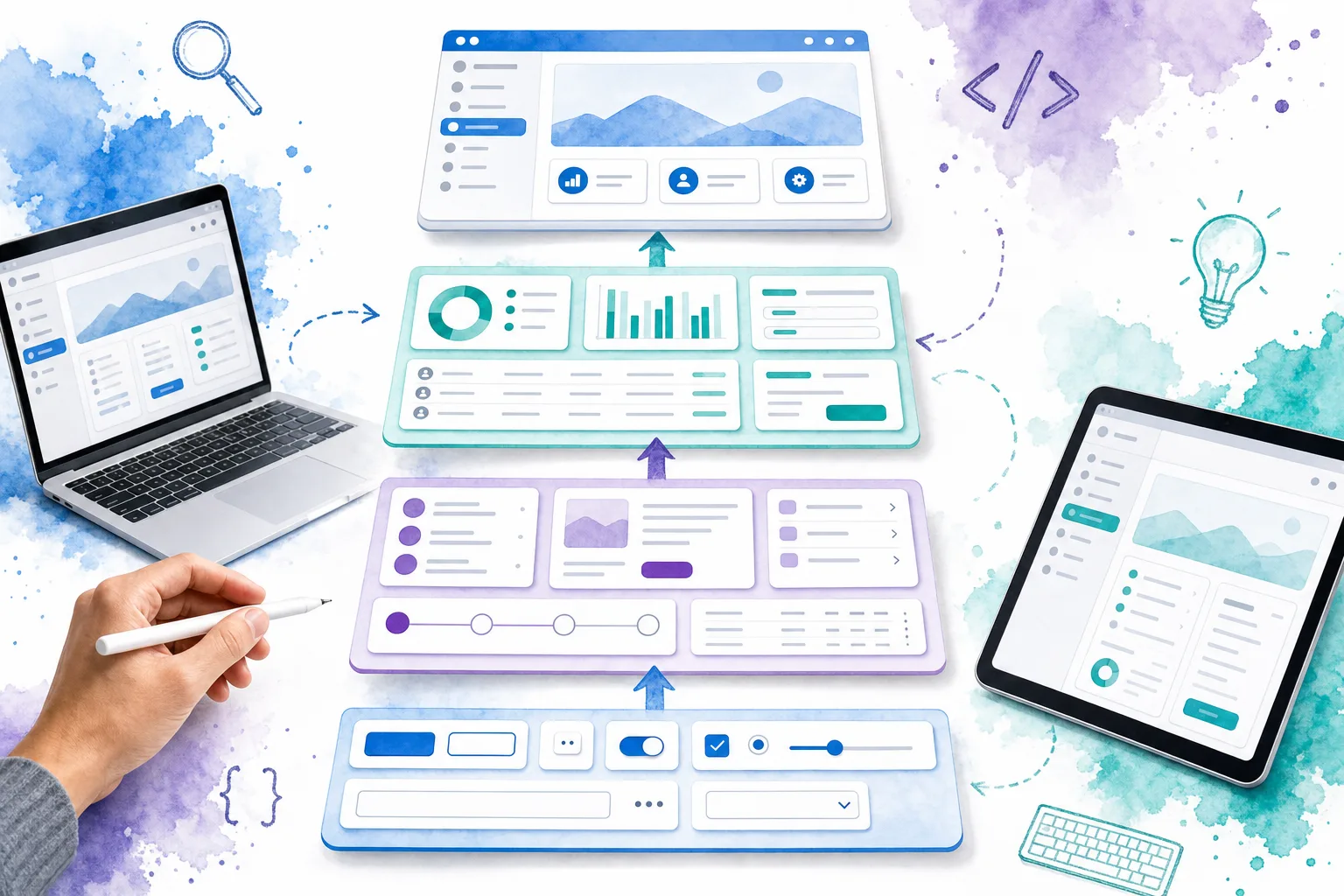 Visual hierarchy from UI controls to patterns, feature panels, and a complete Vue application layout