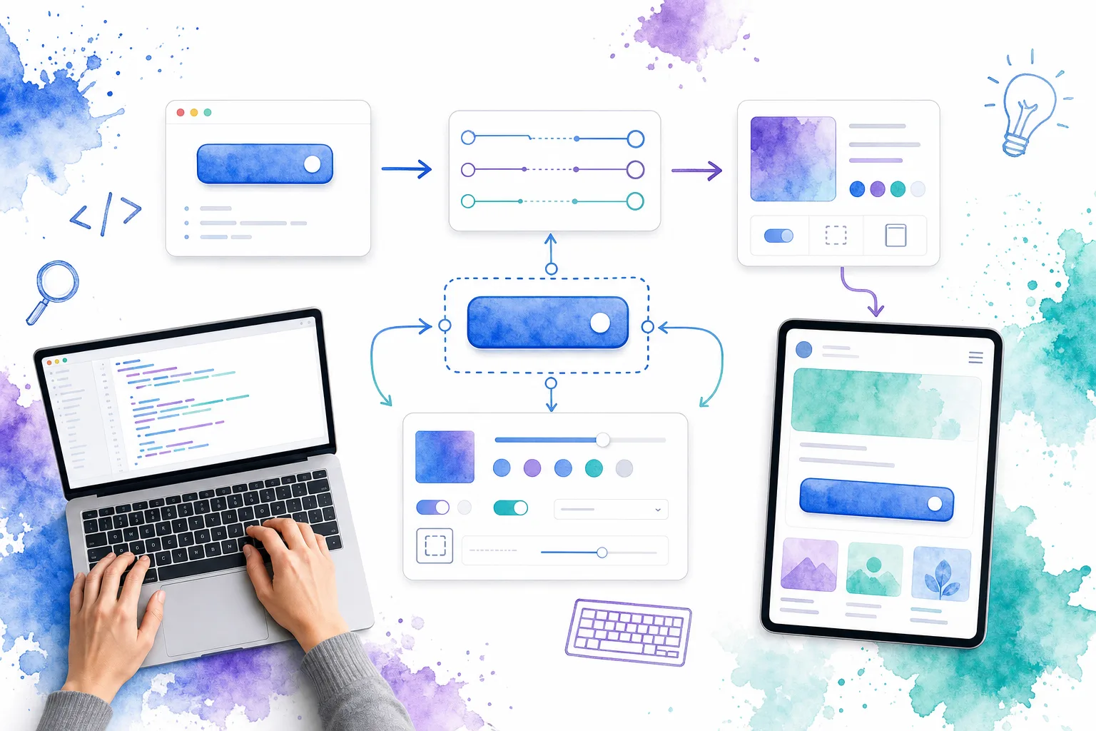 Visual framework linking component source, metadata, inspector controls, and live UI output