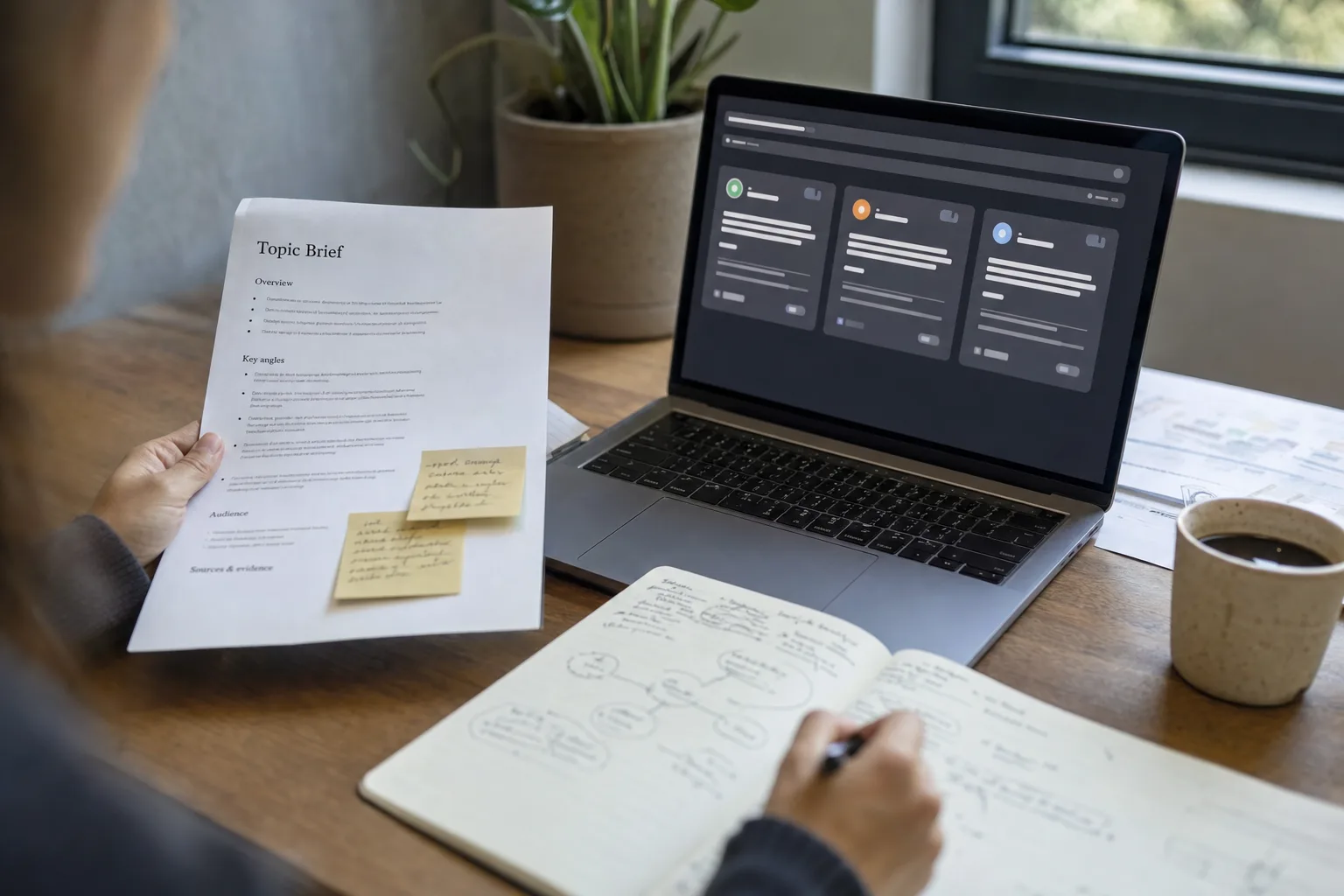 Researcher comparing a content brief with AI answer results during topic research