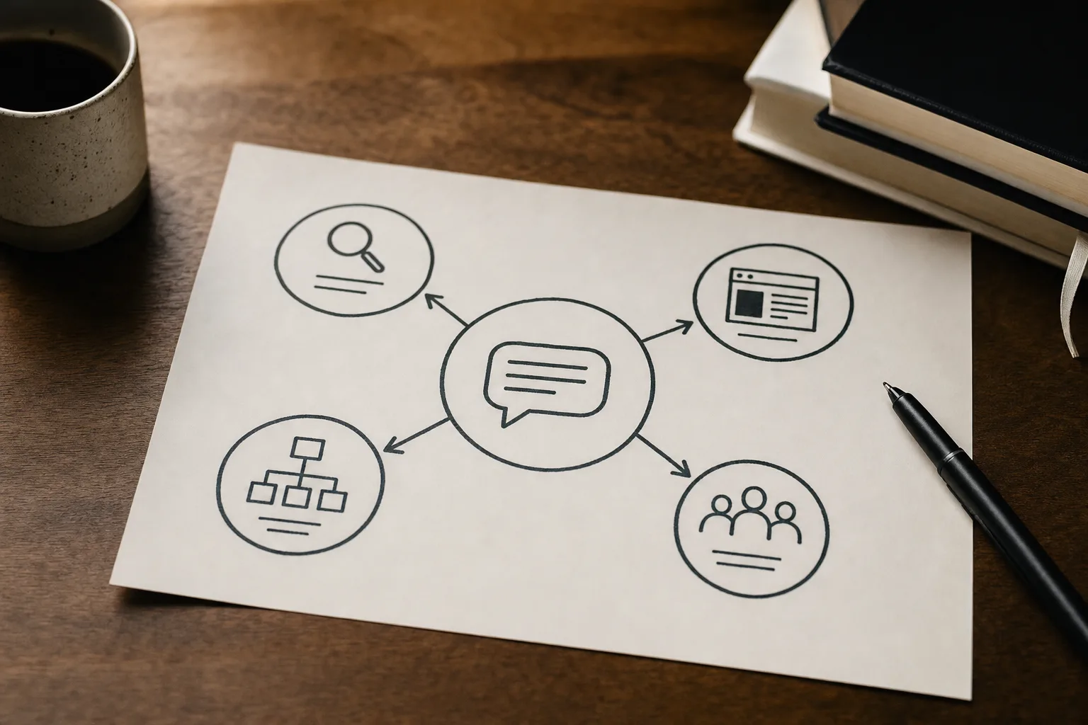 Infographic showing the content, technical, question, and reputation signals that support AI search visibility