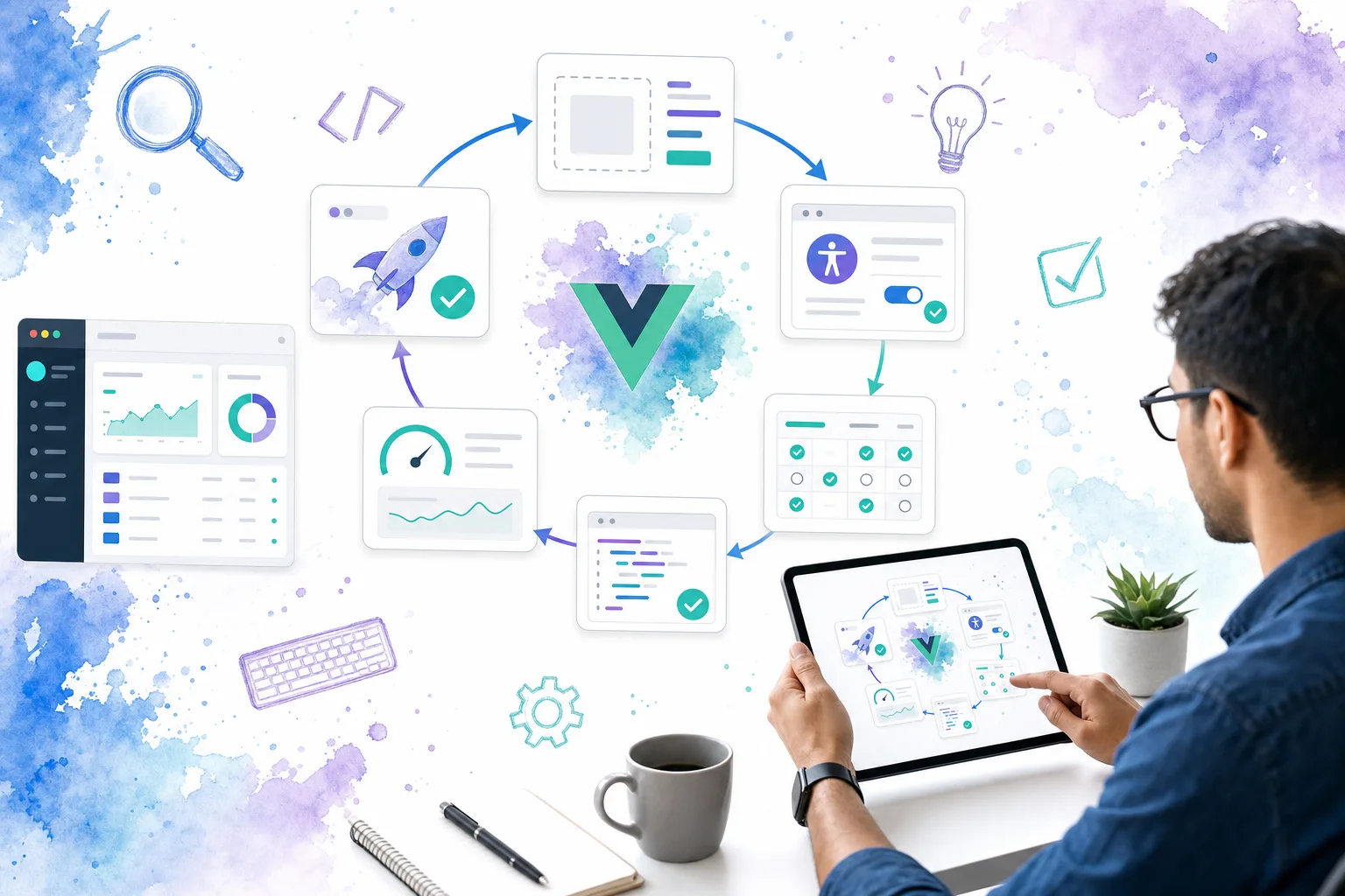 Visual framework for reviewing Vue interface contracts, accessibility, states, tests, performance, and release readiness
