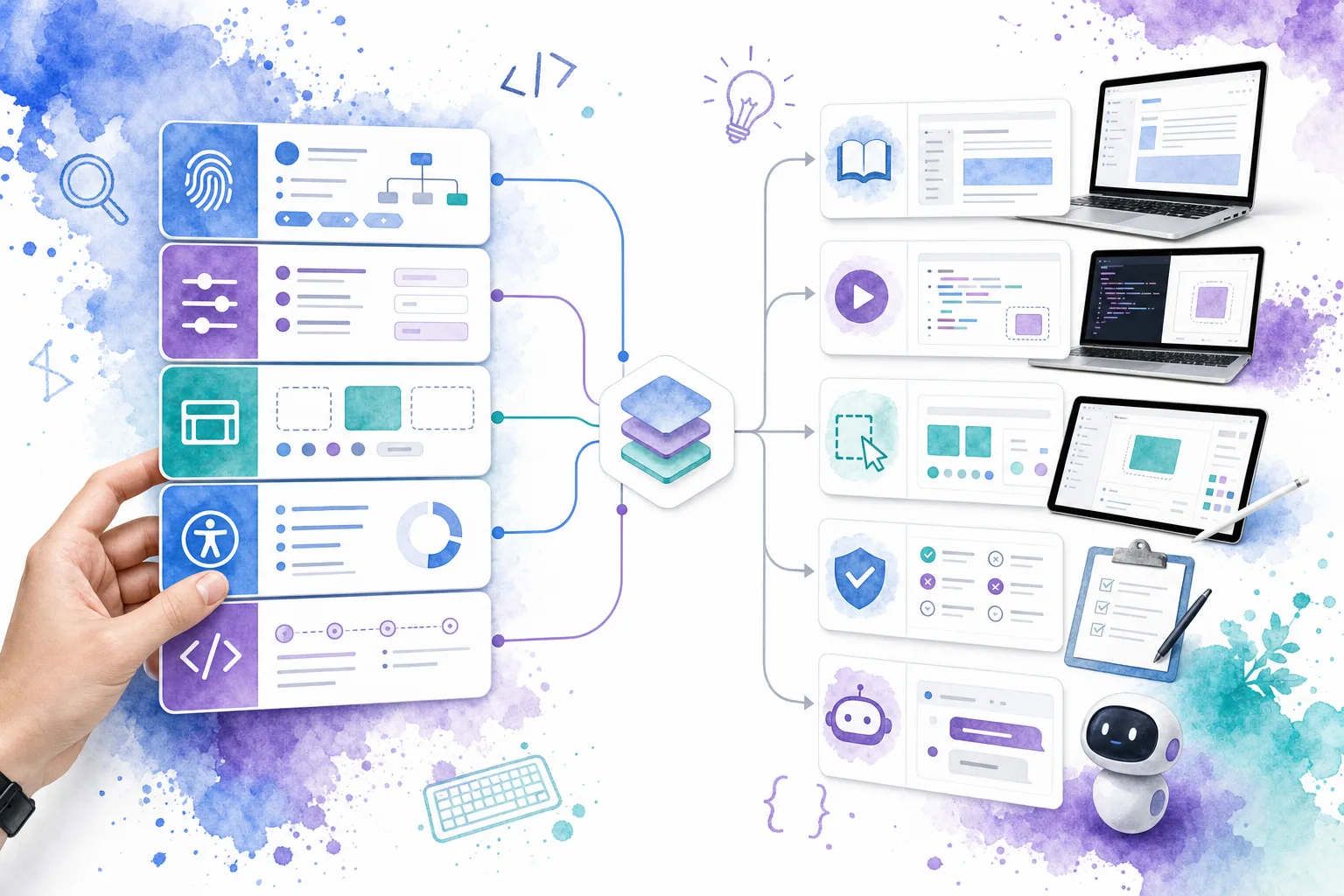 Infographic showing Vue component metadata groups feeding documentation, previews, editors, validation, and AI