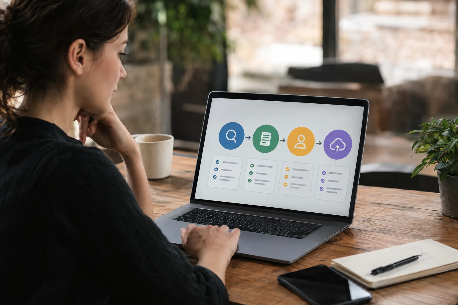 Visual framework showing research, drafting, approval, and CMS publishing stages