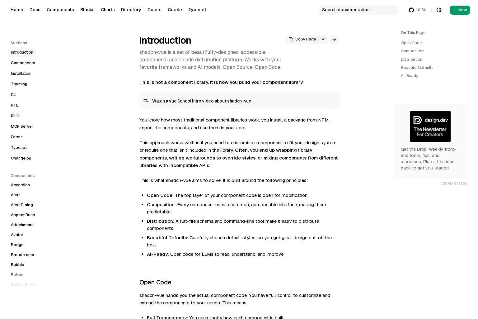 Screenshot of www.shadcn-vue.com