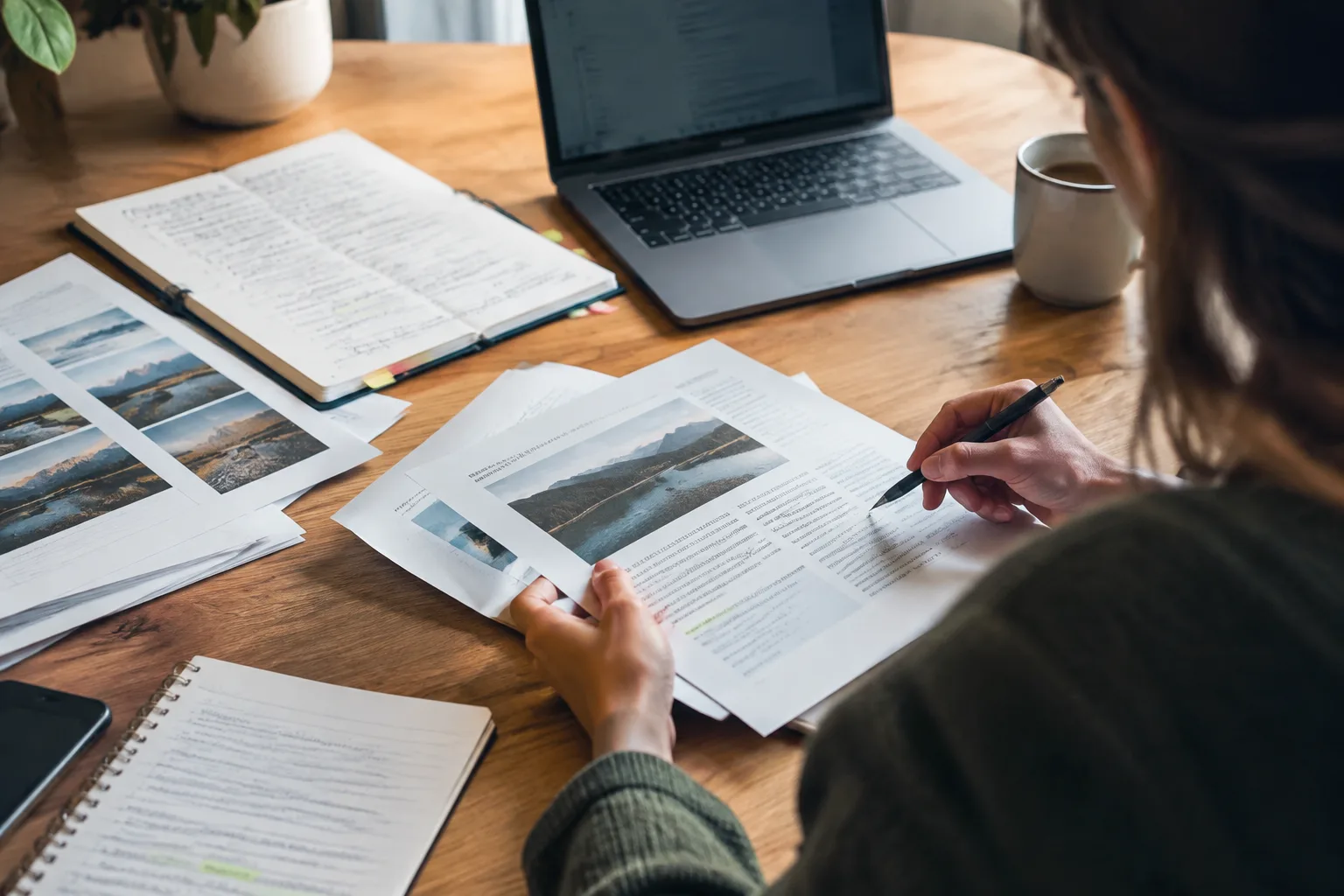 Editor fact-checking an AI-assisted SEO content draft against research notes
