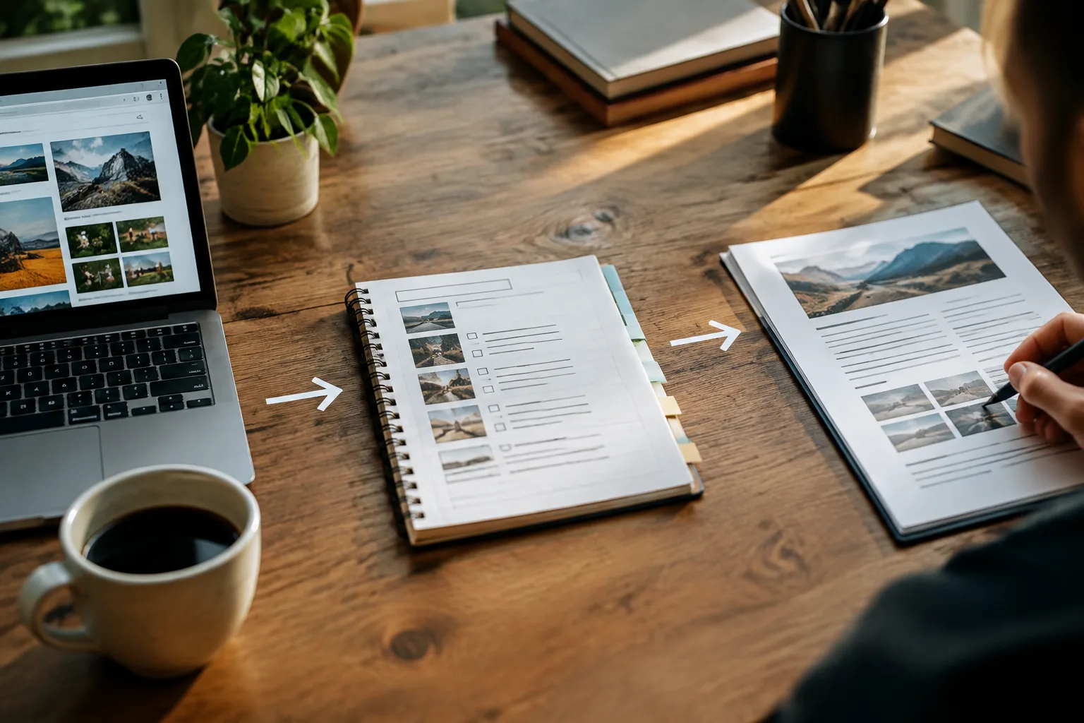 Visual workflow showing research, AI drafting, and human editorial review for SEO content