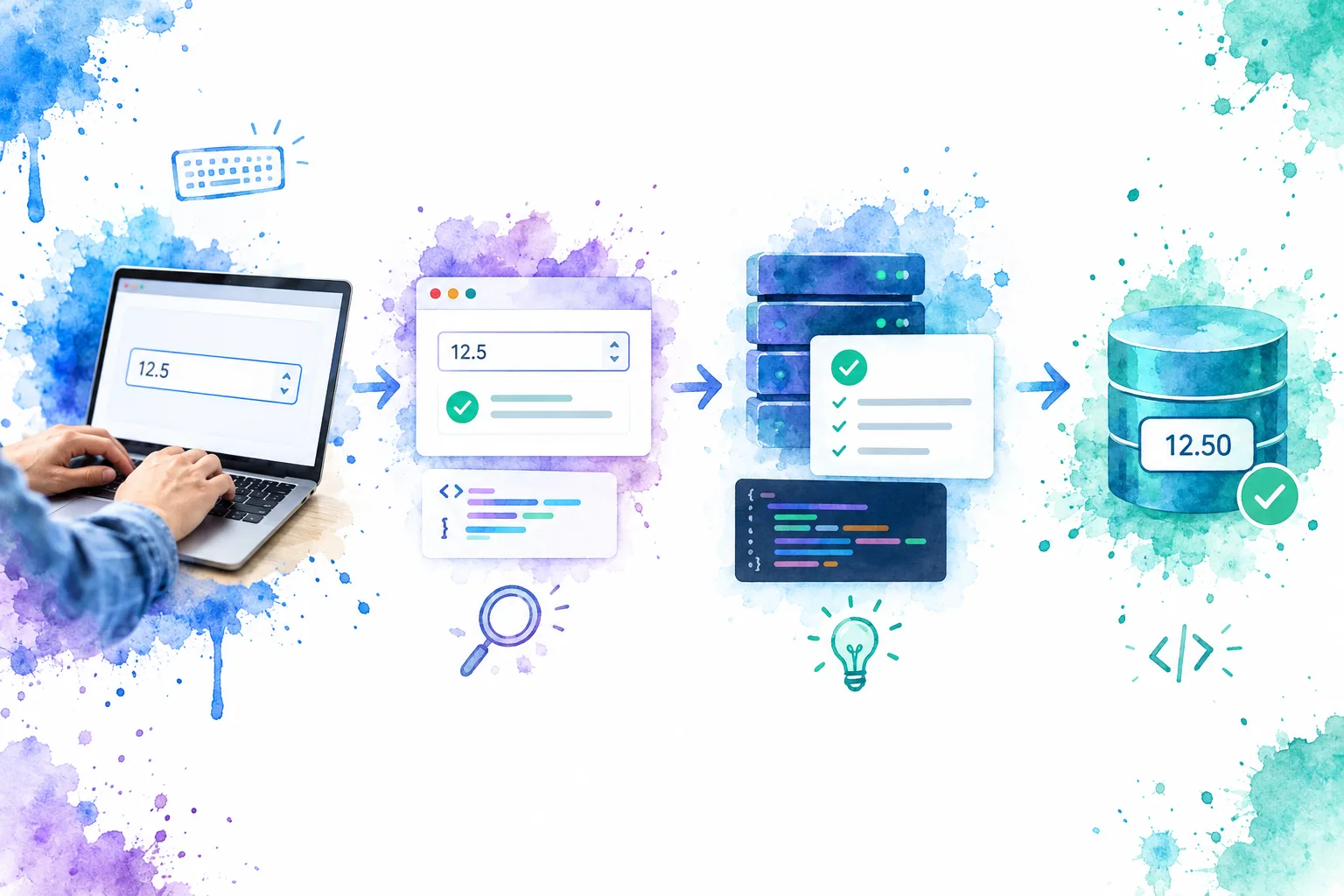 Workflow from numeric entry through client and server validation to stored value
