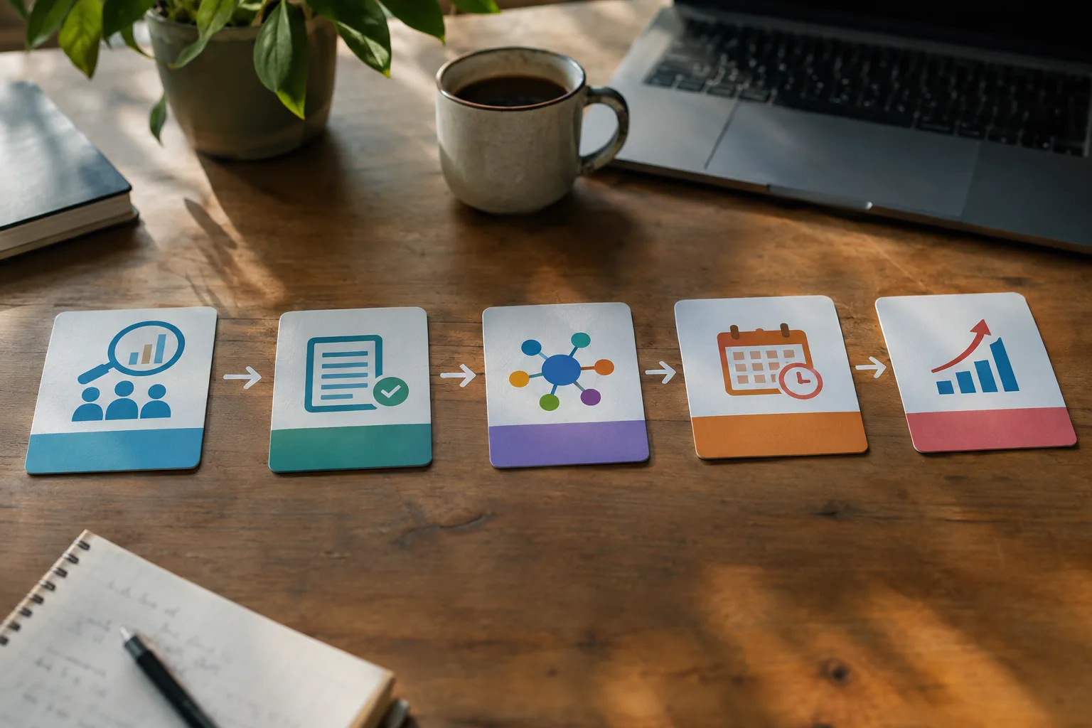 Five-stage visual workflow for building and improving an SEO content strategy