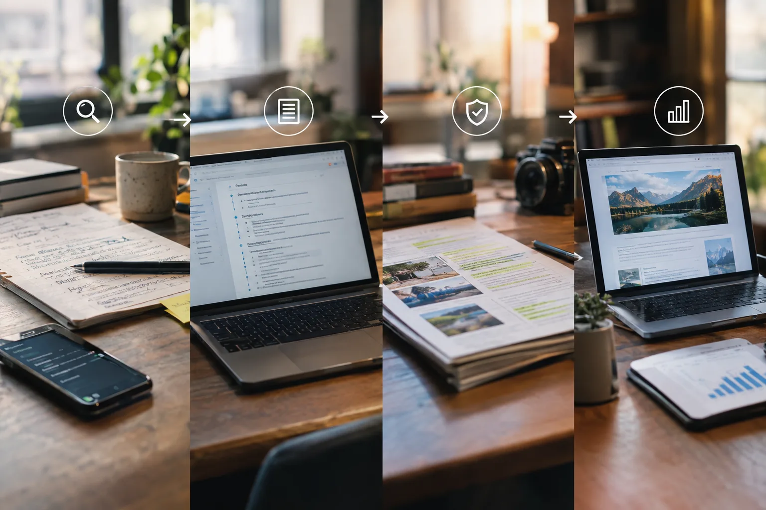 Visual workflow from SEO research through drafting, review, publishing and measurement