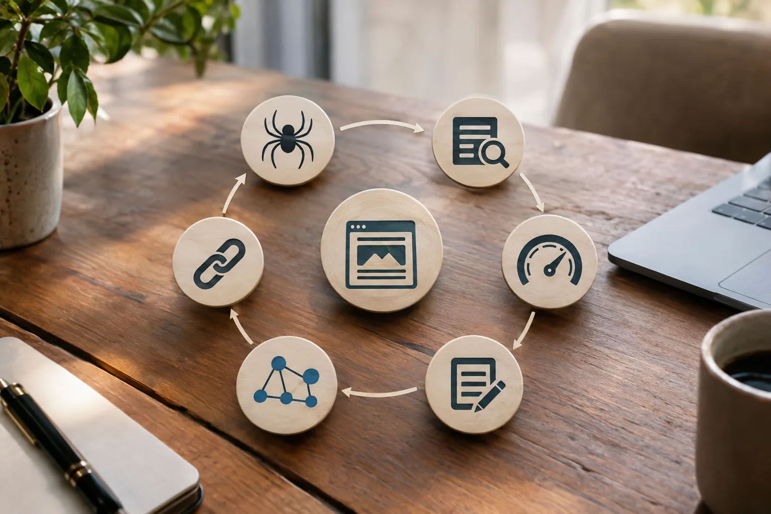 Visual overview of the six areas in a full site SEO audit