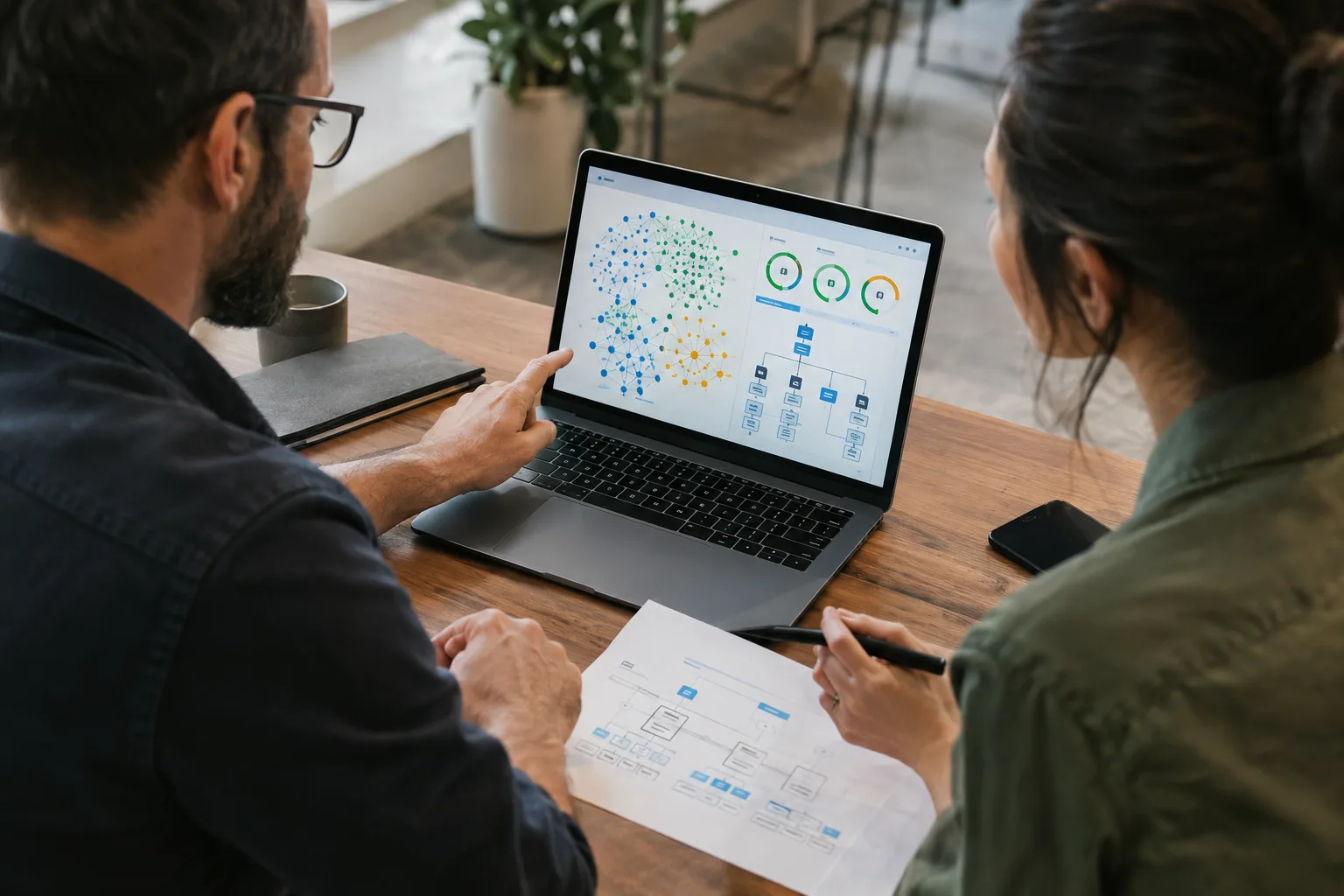 SEO specialists reviewing crawl data, site structure, and content priorities