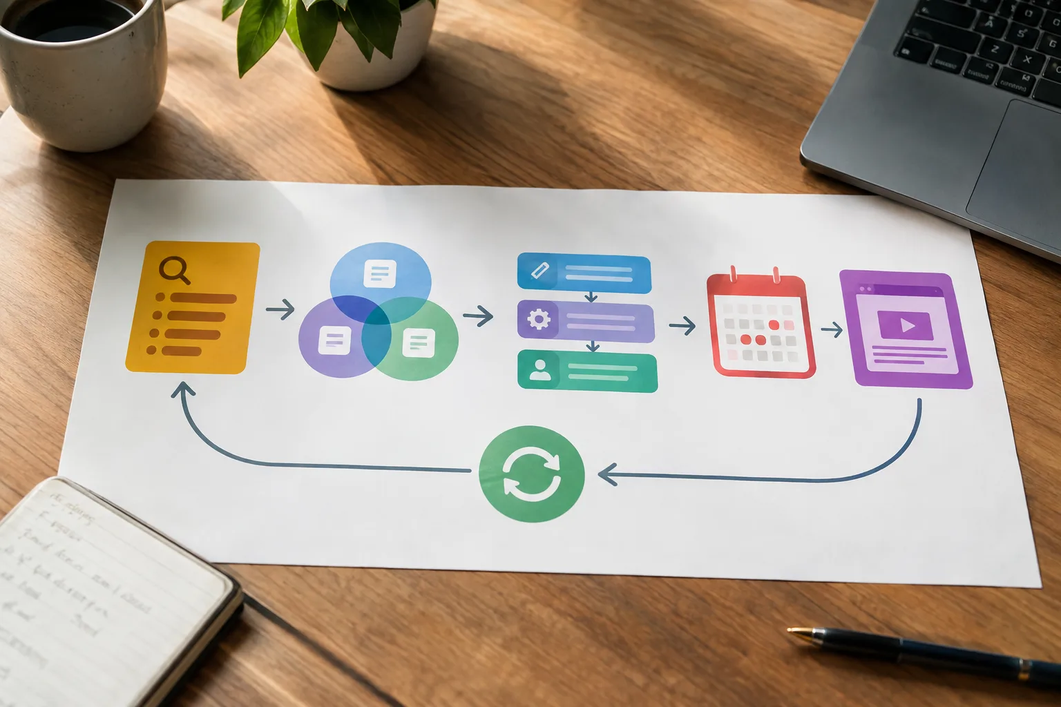 Visual workflow for turning SEO opportunities into a publishing and refresh calendar