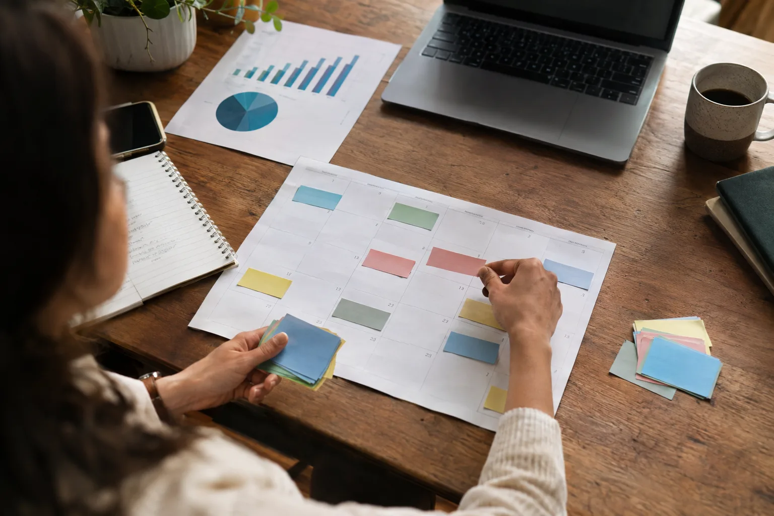 Content strategist arranging a monthly SEO publishing schedule