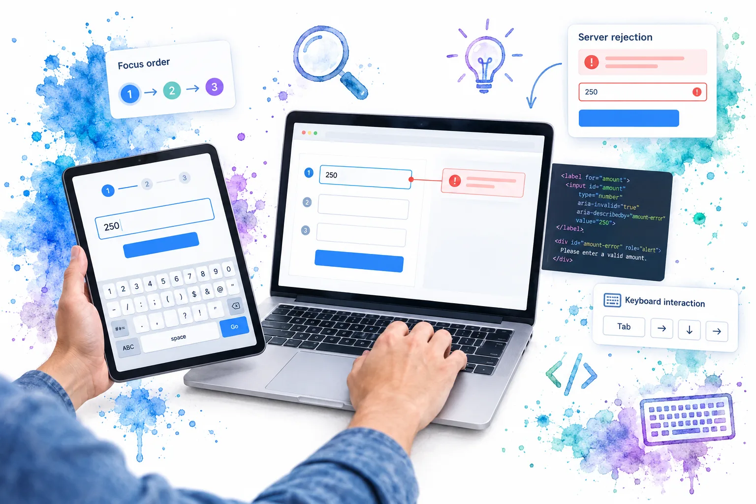 Developer checking accessible numeric form errors across desktop and mobile