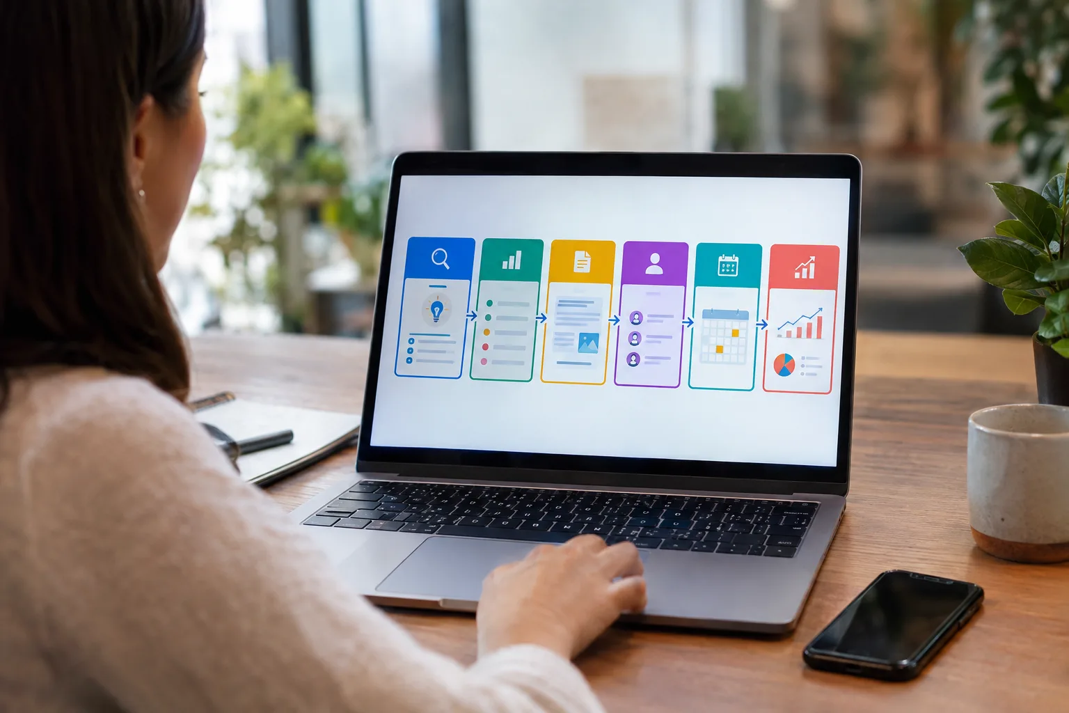 Visual framework showing the workflow for evaluating content planning software from opportunity discovery to measurement