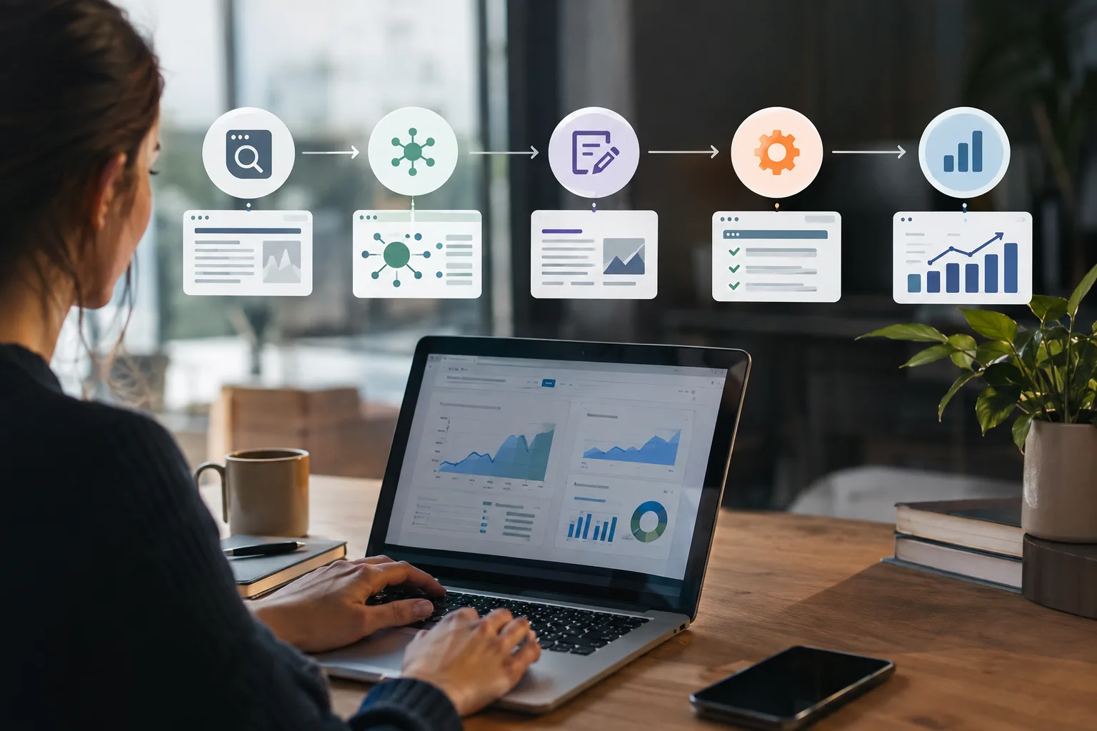 Visual workflow showing audit, mapping, content improvement, technical checks and measurement for AI search