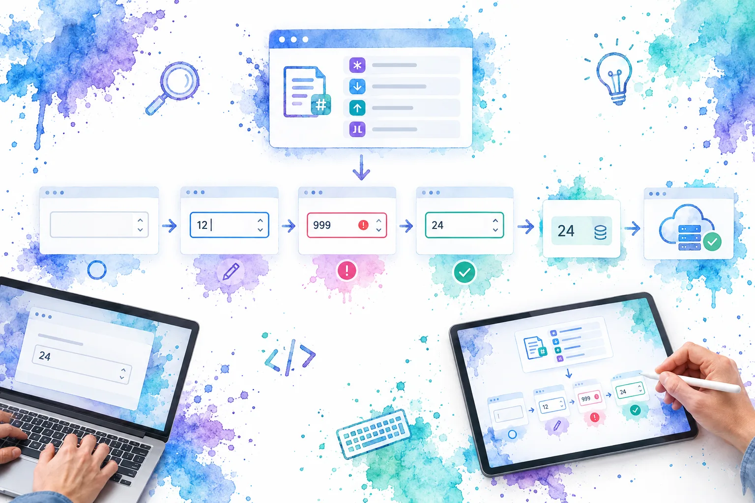 Visual flow from numeric field schema to Vue validation and canonical submitted value