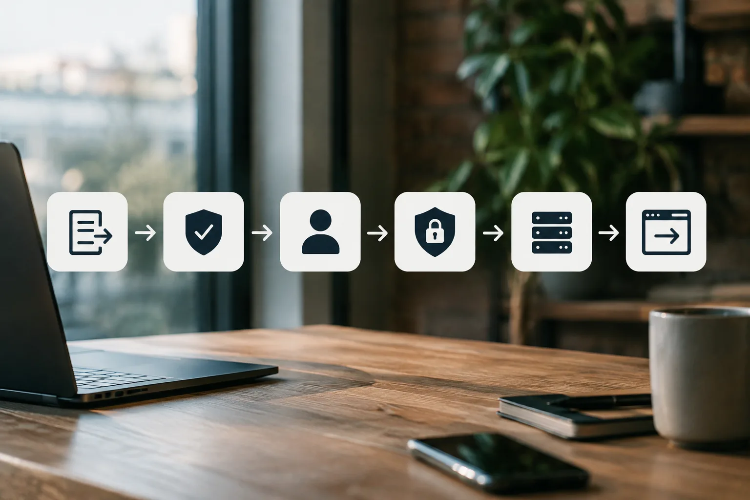 Six-stage API request flow from incoming request through validation, identity, authorization, service logic, and response