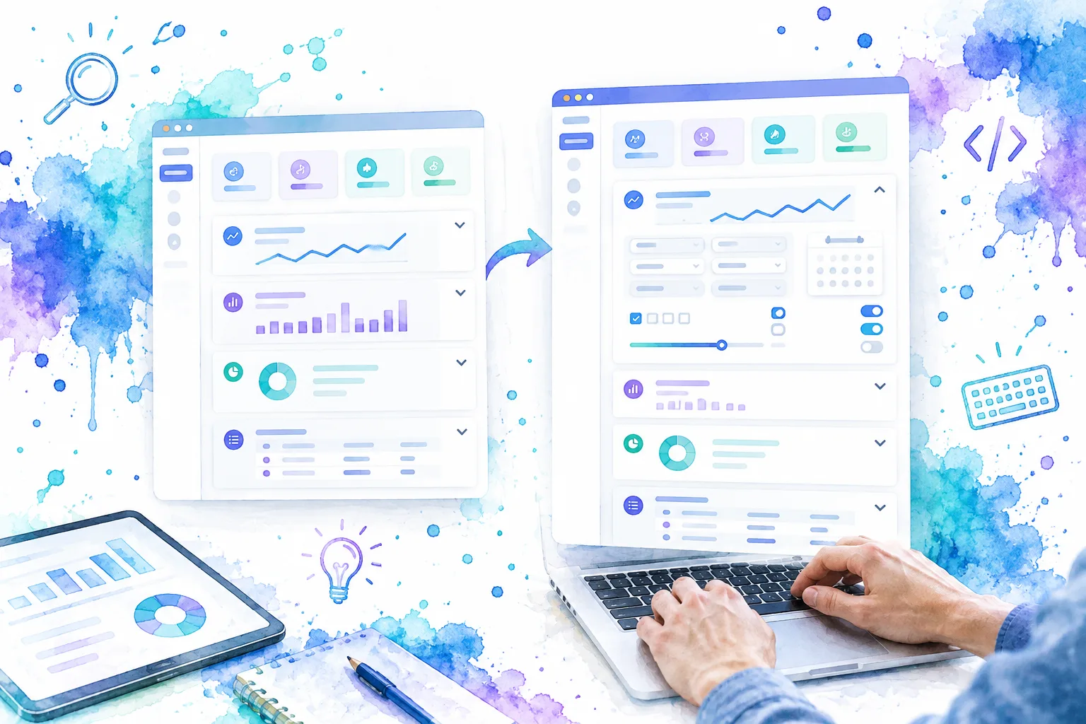 Two dashboard views illustrate how collapsed panel summaries remain visible while details expand on demand.