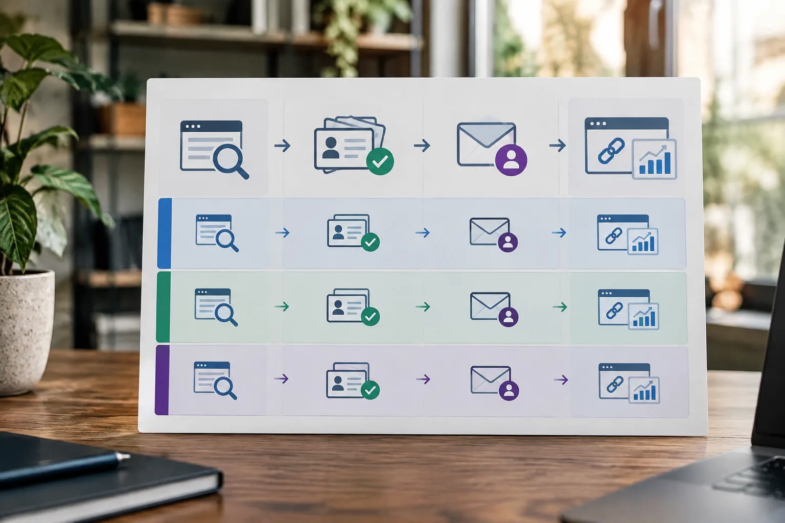 Visual framework comparing prospect relevance, contact quality, reviewed outreach and confirmed link placements across client campaigns