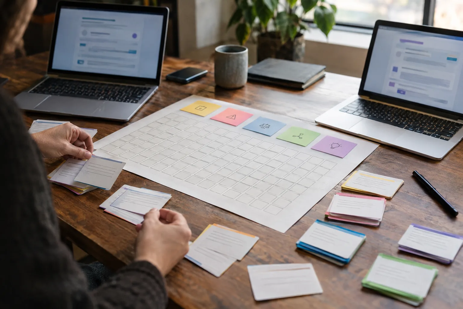 Analyst organizing prompt samples and evidence into a repeatable AI visibility measurement worksheet