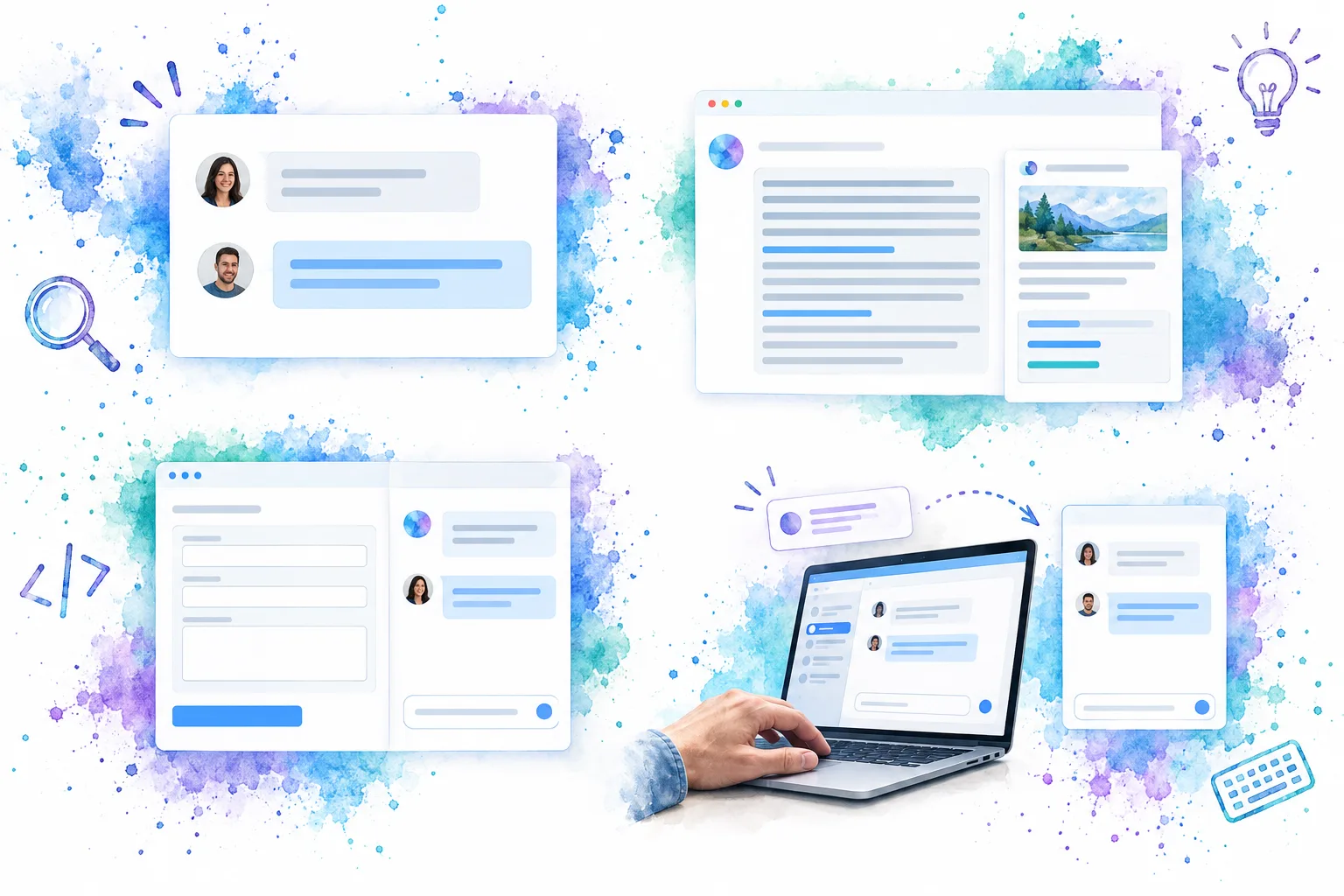 Four chat bubble patterns compared: short exchange, rich answer, inline assistant, and notification preview