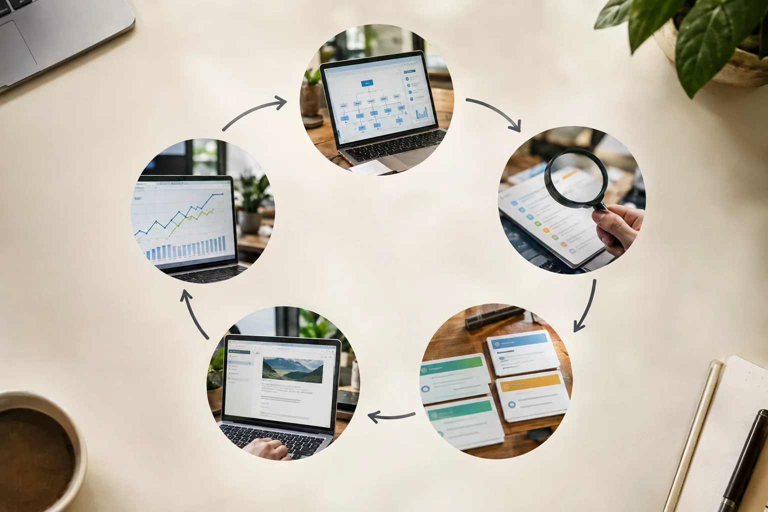 Visual cycle linking site analysis, opportunity selection, prioritisation, reviewed execution and measurement