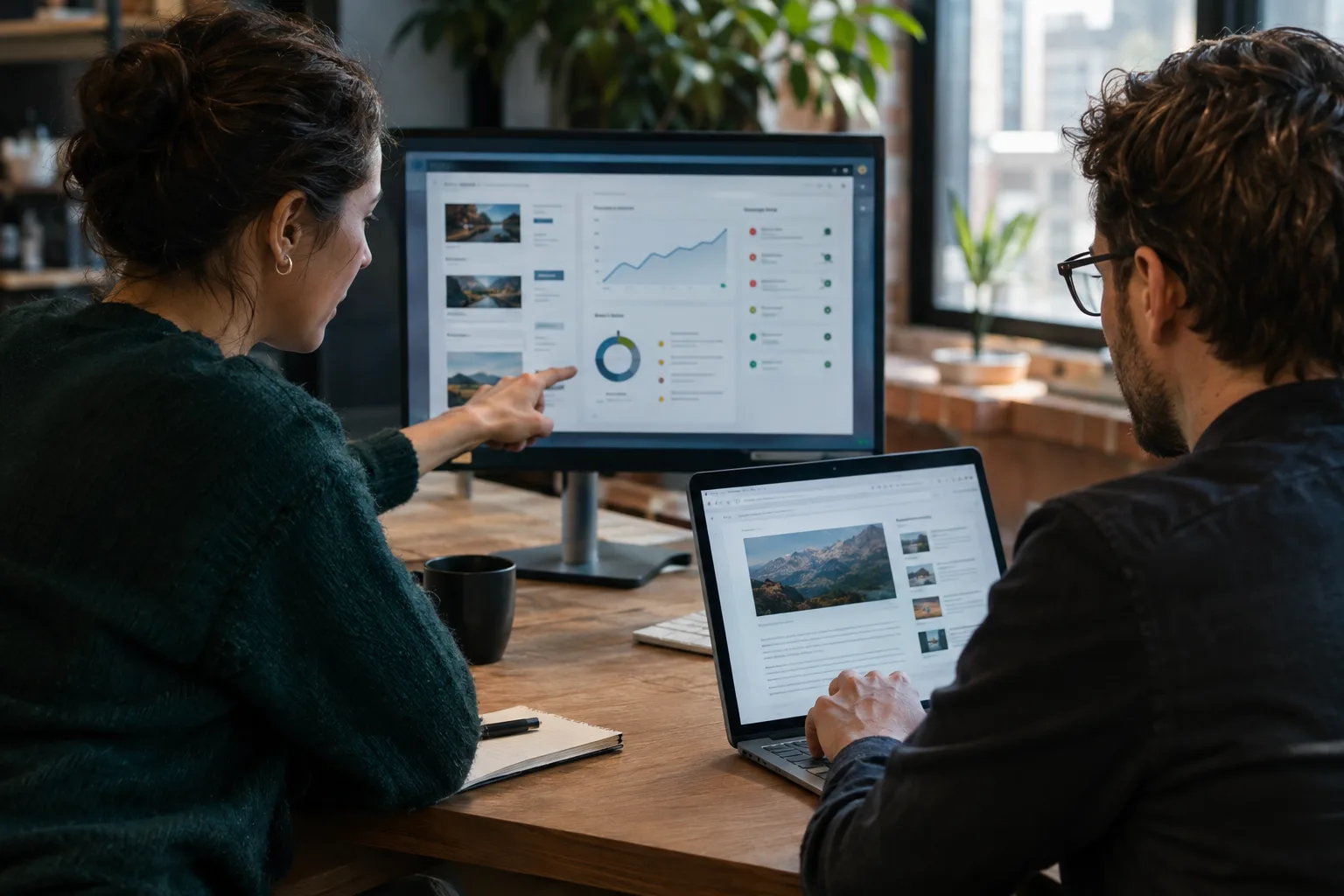 Editor and technical specialist review SEO recommendations and article copy before approving changes