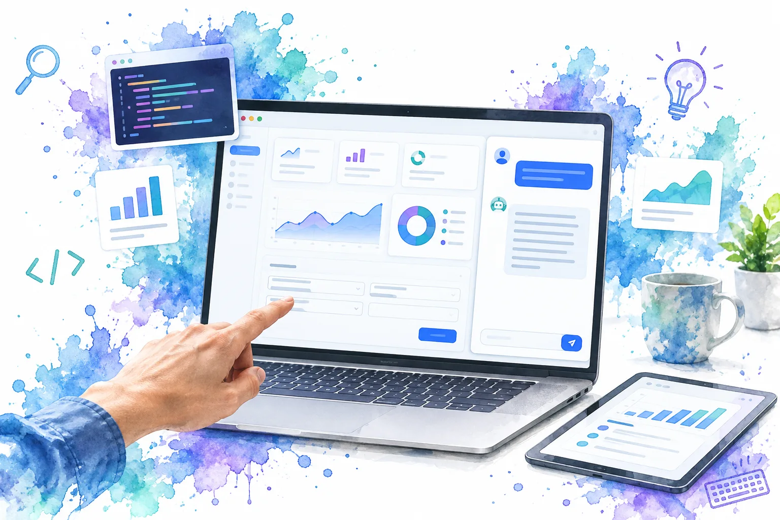 Illustrative dashboard with a contextual assistant panel alongside a form and chart