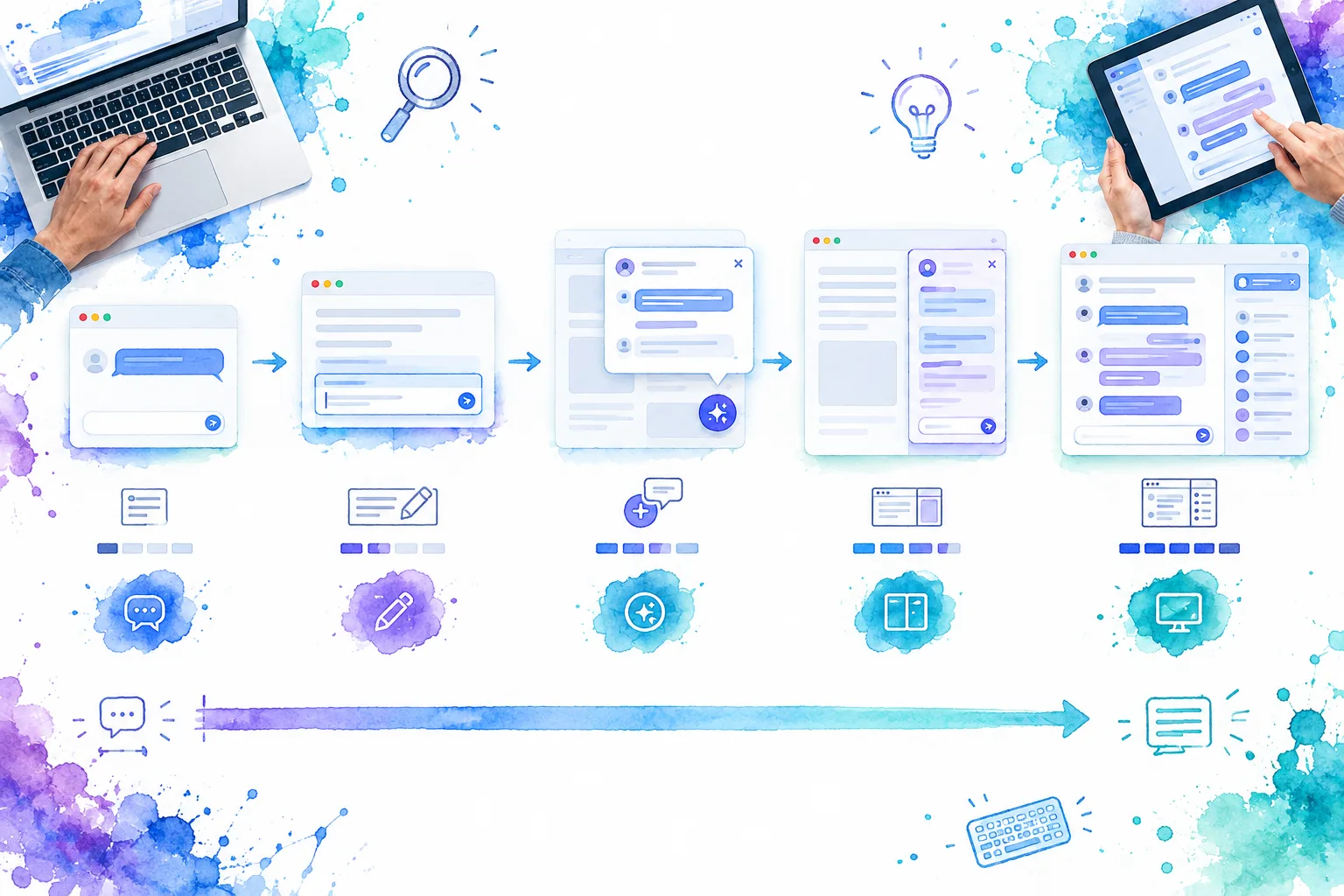 Visual decision map of five chat patterns from compact message bubbles to full conversation workspace
