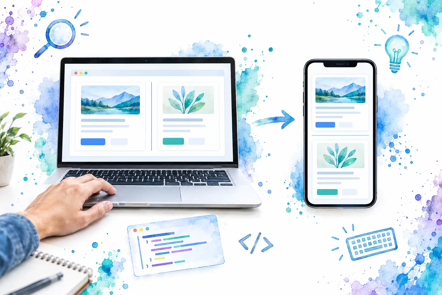 Desktop panels divided vertically transition to stacked mobile panels separated by a horizontal line