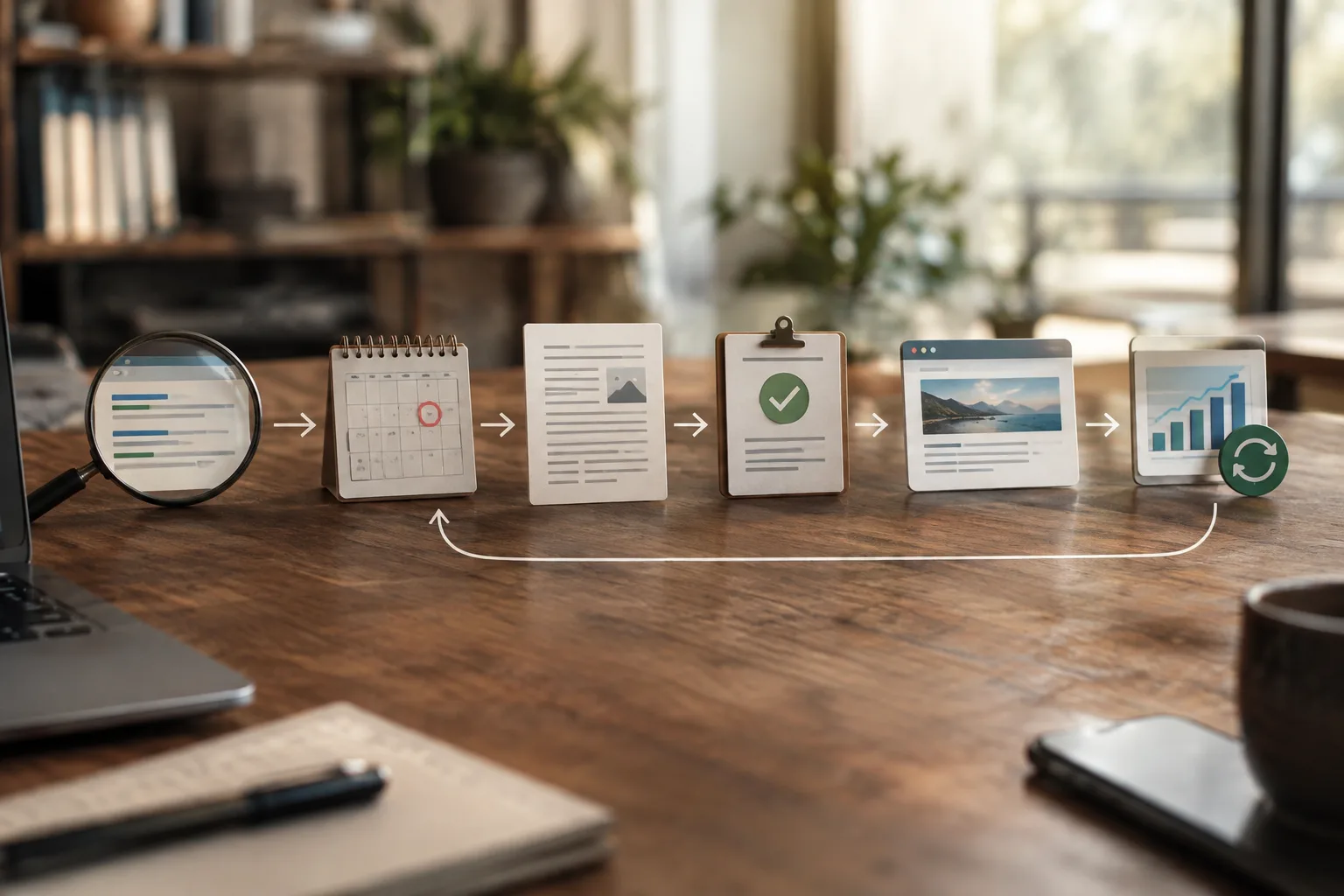 Six-stage SEO workflow from research and planning through review, publication, monitoring and updates