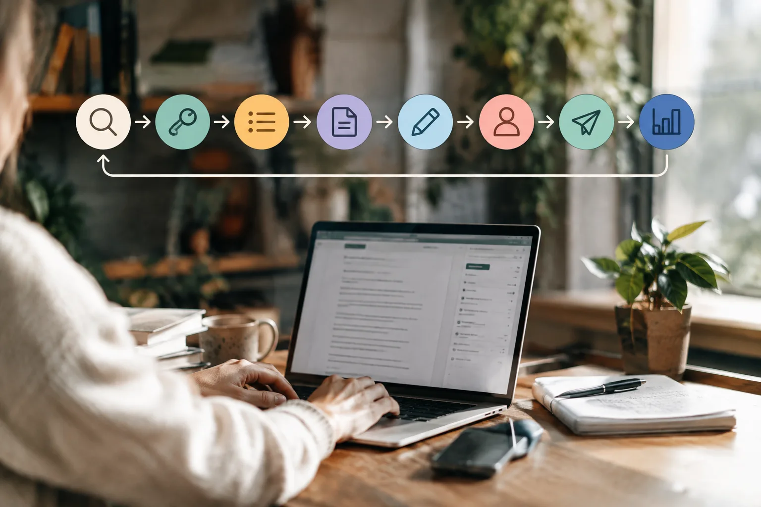 Eight-stage SEO workflow with a human approval gate and a monitoring feedback loop